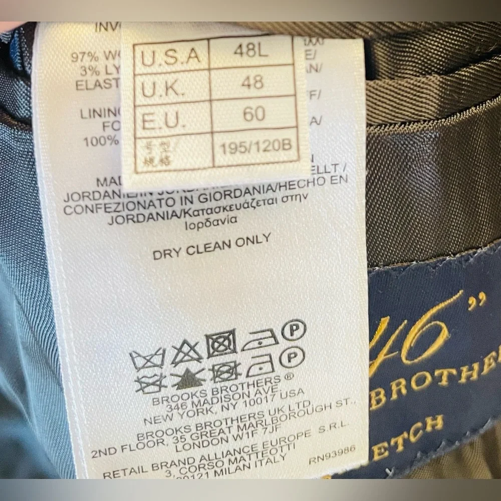 Brooks Brothers 346 Men Suit Jacket 48L Stretch Fit Black Wool Blend Pinstripe